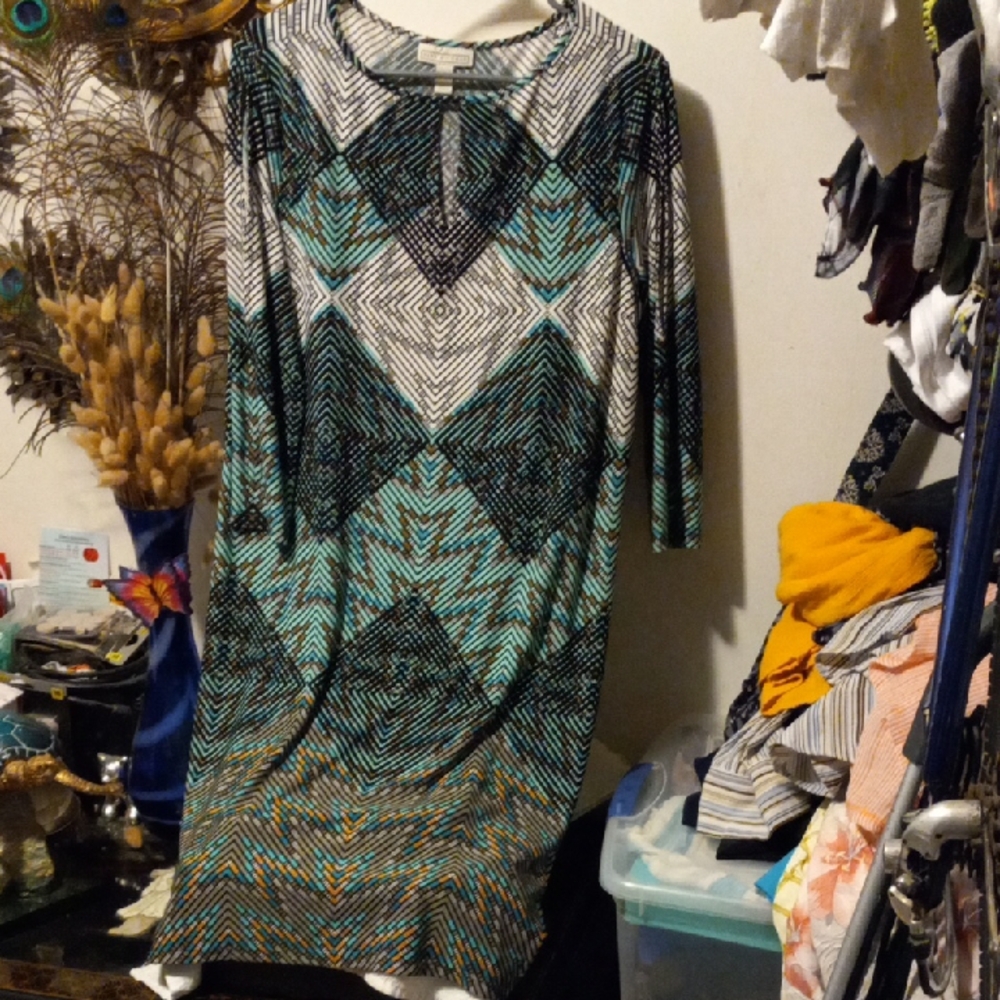 Dana Buchman Teal, Black & Brown Patterned Dress
